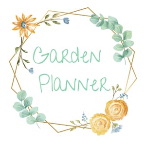 Op de afbeelding: Een gouden geometrisch frame met aquarelbloemen en groen. De tekst "Garden Planner" staat in groen in het frame. De tekst "This planner belongs to" staat onder het frame.