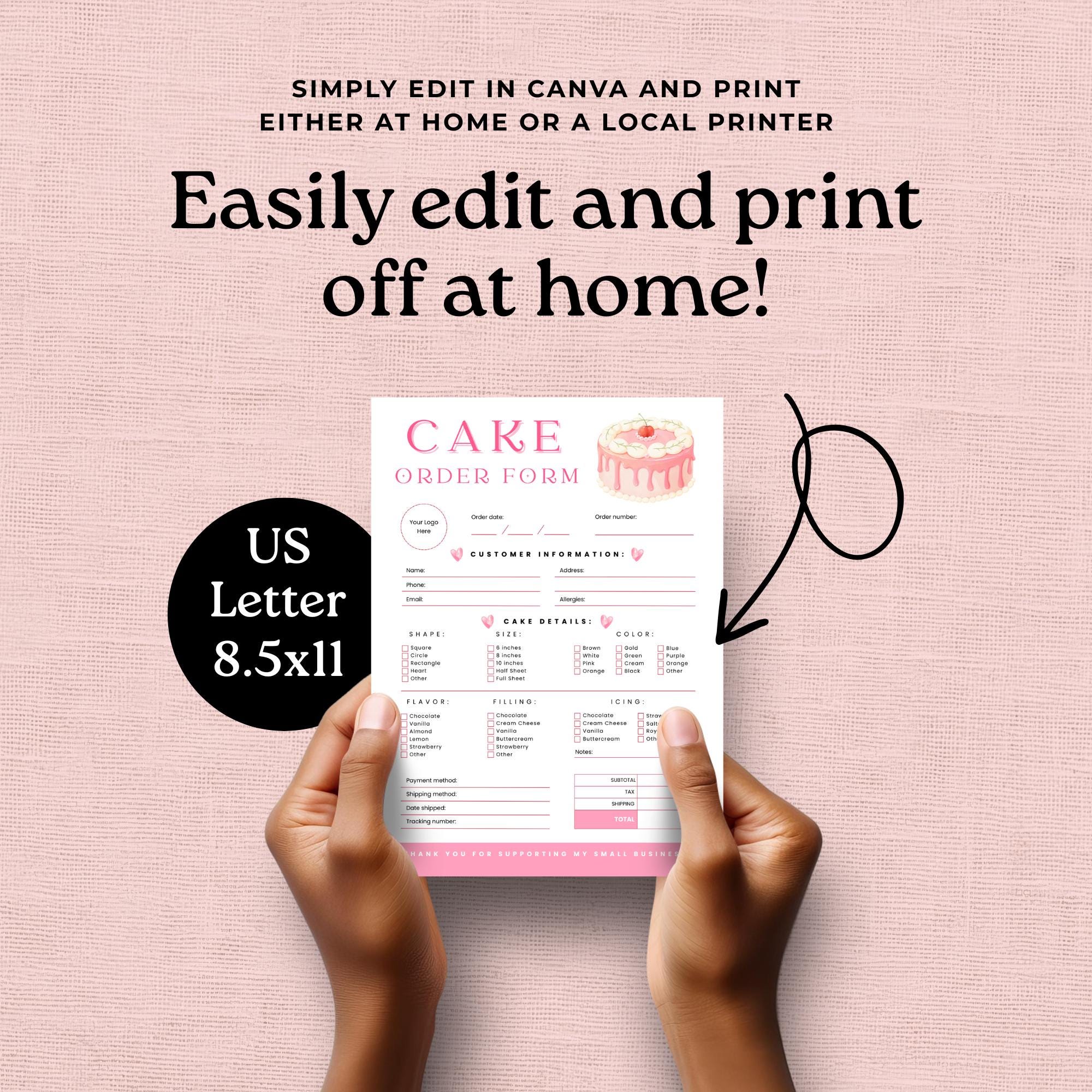 Editable Cake Order Form + Care Card Canva Template | Bakery Printable ...