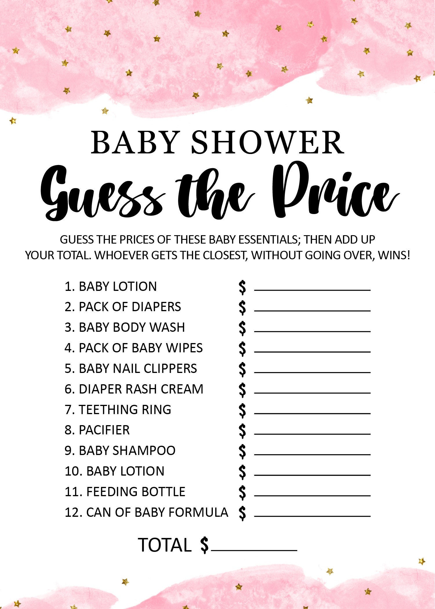 Guess The Price Baby Shower Game, Baby Shower Game Printable, Baby