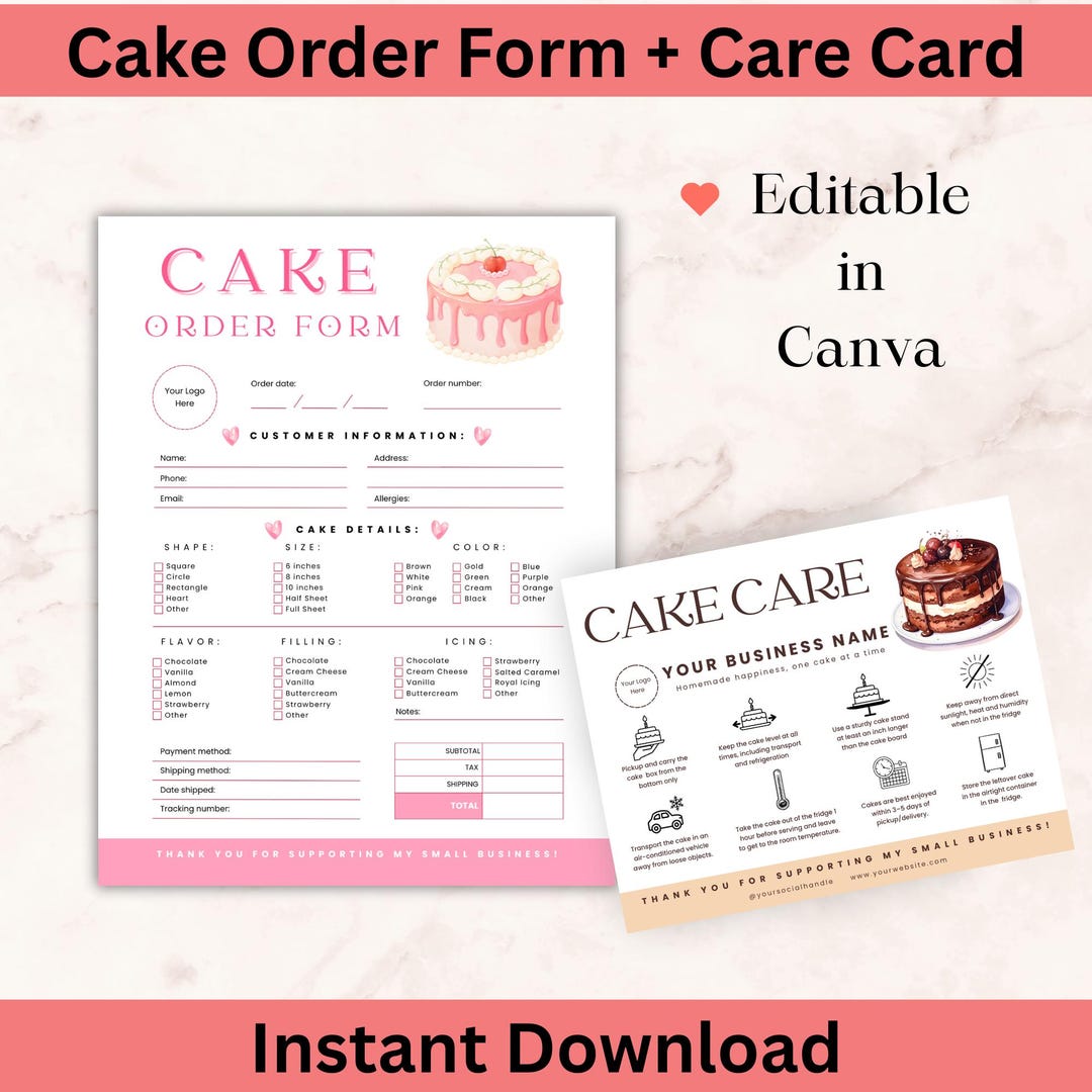 Editable Cake Order Form + Care Card Canva Template | Bakery Printable ...