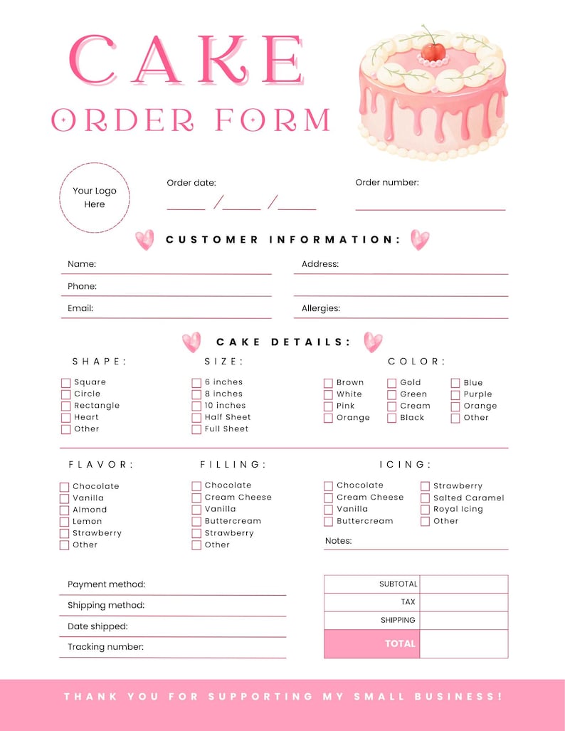 Editable Cake Order Form + Care Card Canva Template | Bakery Printable ...