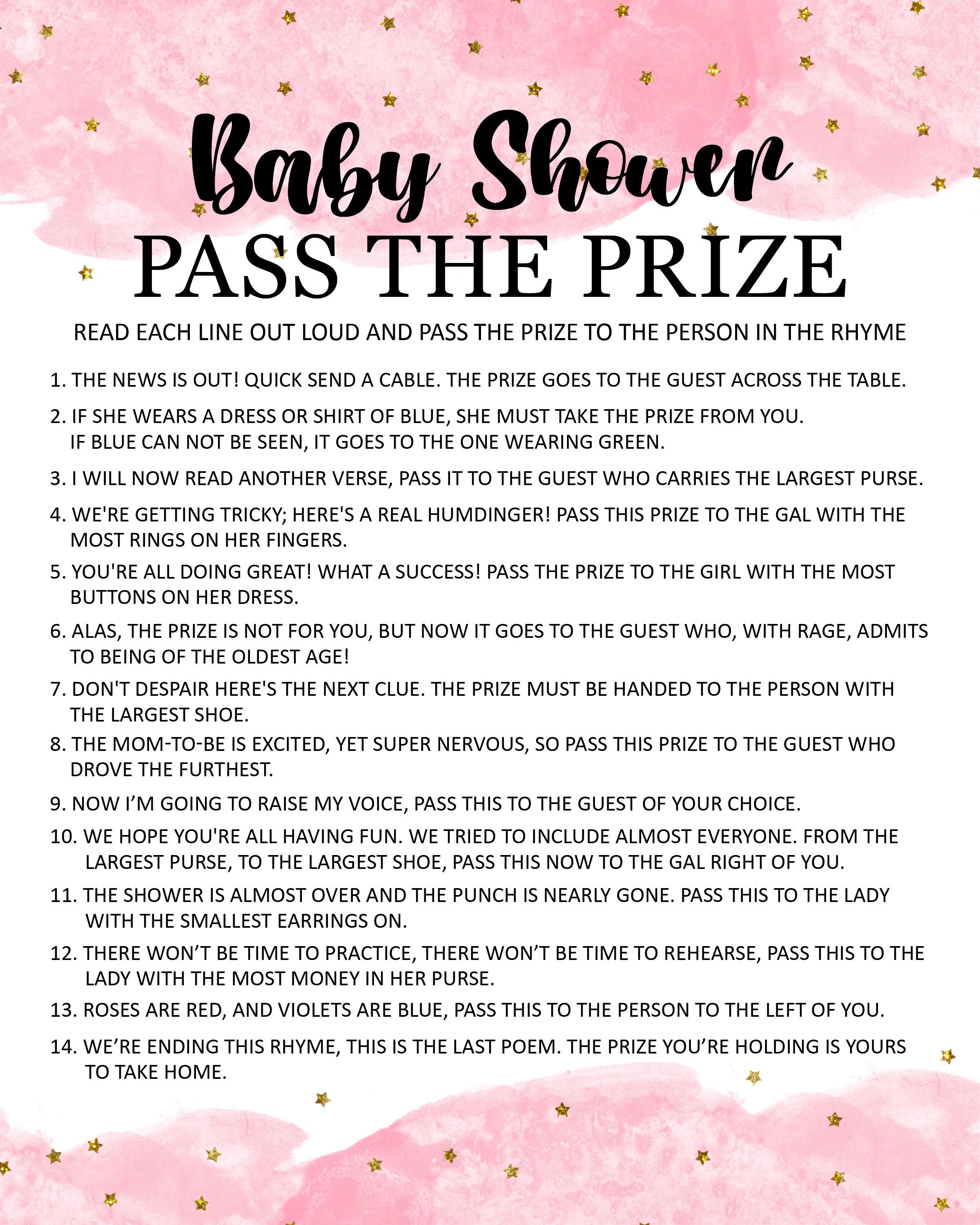 Pass the Prize Baby Shower Game Printable, Pass the Prize, Pink Baby