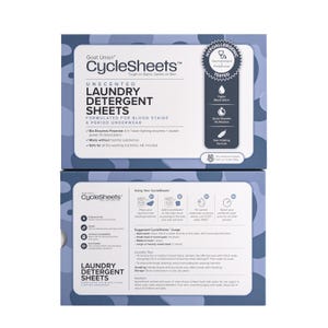 May include: Two boxes of CycleSheets laundry detergent sheets. The top box is white and blue with the product name and details. The bottom box shows usage instructions and features. The product is unscented and formulated for blood stains and period underwear.