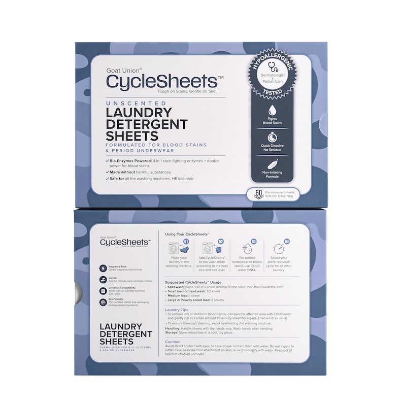 May include: Two boxes of CycleSheets laundry detergent sheets. The top box is white and blue with the product name and details. The bottom box shows usage instructions and features. The product is unscented and formulated for blood stains and period underwear.