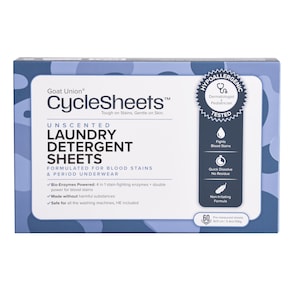 May include: A box of "CycleSheets" laundry detergent sheets by Goat Union. The box is light blue with white text and graphics. The product is unscented and formulated for blood stains and period underwear. Contains 60 pre-measured sheets.