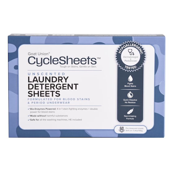Goat Union CycleSheets fragrance-free, dermatologist-tested laundry sheets. Bio-based enzymes, hypoallergenic, skin-friendly, 60 count.
