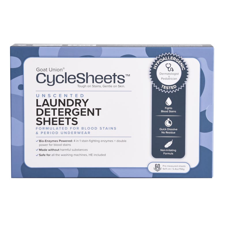 May include: A box of "CycleSheets" laundry detergent sheets by Goat Union. The box is light blue with white text and graphics. The product is unscented and formulated for blood stains and period underwear. Contains 60 pre-measured sheets.