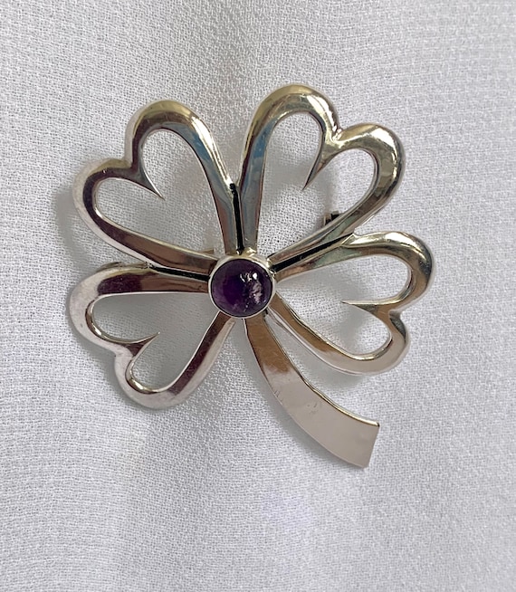 Vintage Heart Four-Leaf Clover Silver Brooch