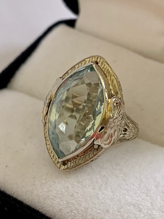 Vintage Marquise Aquamarine Filigree 18k White Gol