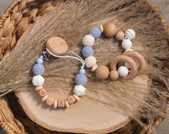 Set Schnullerkette & Greilfing mit Glöckchen | personalisiert | Baby | Junge | Mädchen | Holz | Geschenk