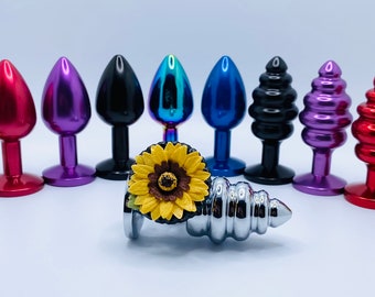 Pretty yellow sunflower Butt Plug Mature Custom small or medium smooth or ribbed silver gold red blue purple black rainbow butt plug