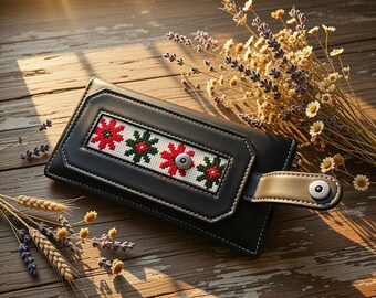 Black Cow Leather Women’s Clutch Wallet Handmade Floral Embroidered