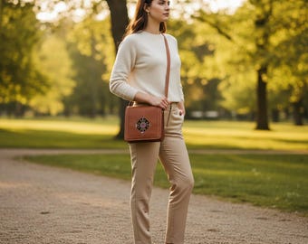 Handmade Embroidered Leather Crossbody Bag | Floral Shoulder Purse, Boho Chocolate Brown