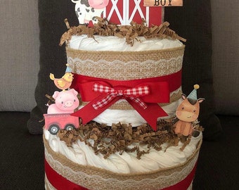 Barn Diaper Cake, Farm Diaper Cake, Red Barn Diaper Cake, Personalized Diaper Cake, Baby Shower Gift, Baby Shower Centerpiece