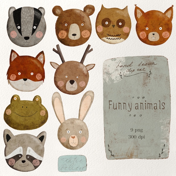 Funny animals: hand painted clipart / woodland nursery art / baby animal clip art / children's birthday / baby birth announcement / png file