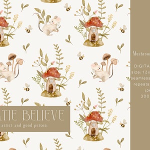 Pilzhaus Nicht exklusives, nahtloses Musterdesign, Kinderstoff, Maus im Wald, digitales Aquarellpapier, kommerzielle Lizenz