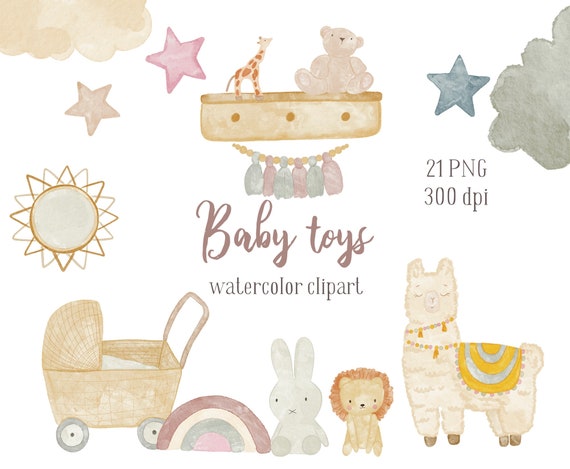 Watercolor Baby Toys Clipart, Nursery Baby Shower Clipart, Kids