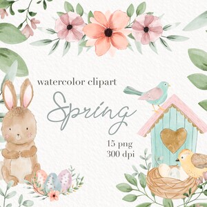 Frühling Ostern Aquarell Clipart, Gastkarten digitale Clipart, Grußkarten, Druckbare Aquarell Laub, Aquarell Blumen Vögel