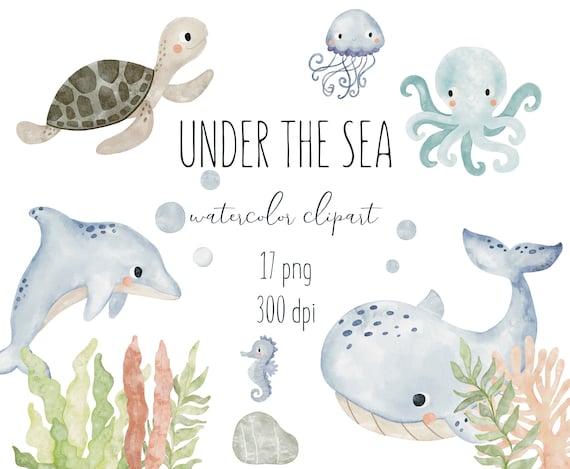 Watercolor Clipart Under the Sea, Baby Nautical Clipart, Nursery