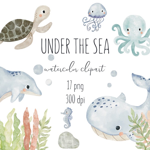 Watercolor clipart Under the Sea, Baby nautical clipart, Nursery ocean animals, Baby shower invitation digital art design, Whale, Dolphin