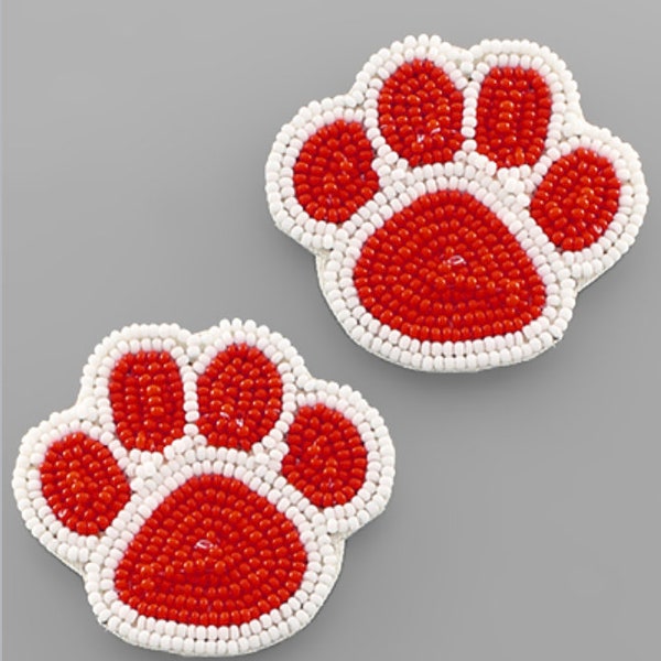 Beaded Paw Print Earrings red and white