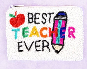 White  Best Teacher Ever Seed Bead Coin purse