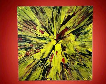 Yellow touch of Red Abstract Painting Acrylic Spinart on 30"x30" Canvas Original Art Signed by Artist Ready to Hang Wall Decor