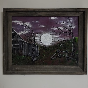 Rustic Barn Landscape Painting, Original Art, Abstract on 11x14&quot;  Canvas, signed by me, Framed, Wired and Ready to Hang Wall Decor