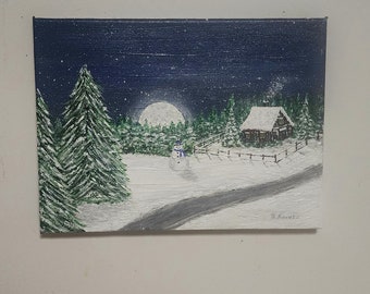 Christmas Painting Little Snowman, One of Kind, Snowy Landscape on 11x14" canvas, artist signed