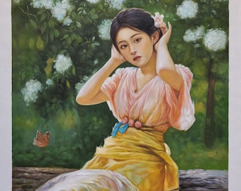 Une fille et son panier de fleurs 60 x 100 cm Peinture à l'huile originale faite à la main sur toile de lin Peinture à l'huile de travail manuel DE1 zjc