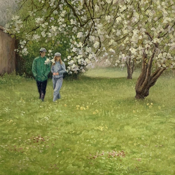 Amoureux marchant sur un champ d'herbe 50 x 50 cm arbre romantique ORIGINAL fait à la main huile sur toile peinture à l'huile peinte à la main DE1