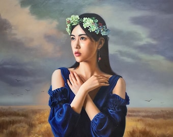 Une dame en bleu art contemporain 70 x 100 cm peinture à l'huile sur toile de lin peinture à l'huile faite à la main DE1 lzf