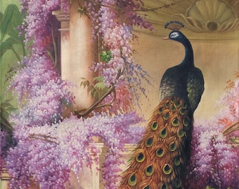 Eugene Bidau - A Peacock and Doves in a Garden 60 x 90 cm Peacock HANDMADE oil on canvas Hand-painted oil painting DE1