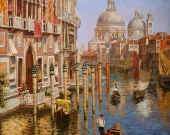 Rubens Santoro - Il Canal Grande Venezia 60 x 90 cm Dipinto a olio vintage di Venezia su tela di lino dipinto a olio artigianale DE1 cym300