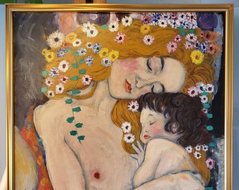 Gustav Klimt - Madre e bambino 42 x 62 cm incorniciato con telaio in alluminio FATTO A MANO IN STOCK Riproduzione murale dipinto ad olio dipinto a mano DE1