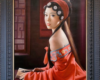 Portrait d'une jeune femme dans une robe orange/rouge 60 x 90 cm ORIGINAL HANDMADE Peinture à l'huile sur toile art féminin peinture à l'huile DE1 lxx400