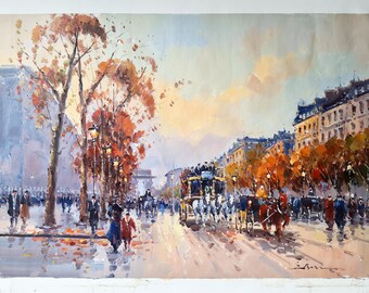 Champs Elysees Parigi Arco di Trionfo 60 x 90 cm Scena di strada vintage Impressionismo Olio su tela FATTO A MANO IN STOCK Pittura a olio DE1 cym167