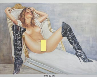 スタイリッシュでセクシーなサイハイブラックブーツ 60 x 80 cm 女性ヌードアート ハンドメイドヌード油絵 DE1 zjc350