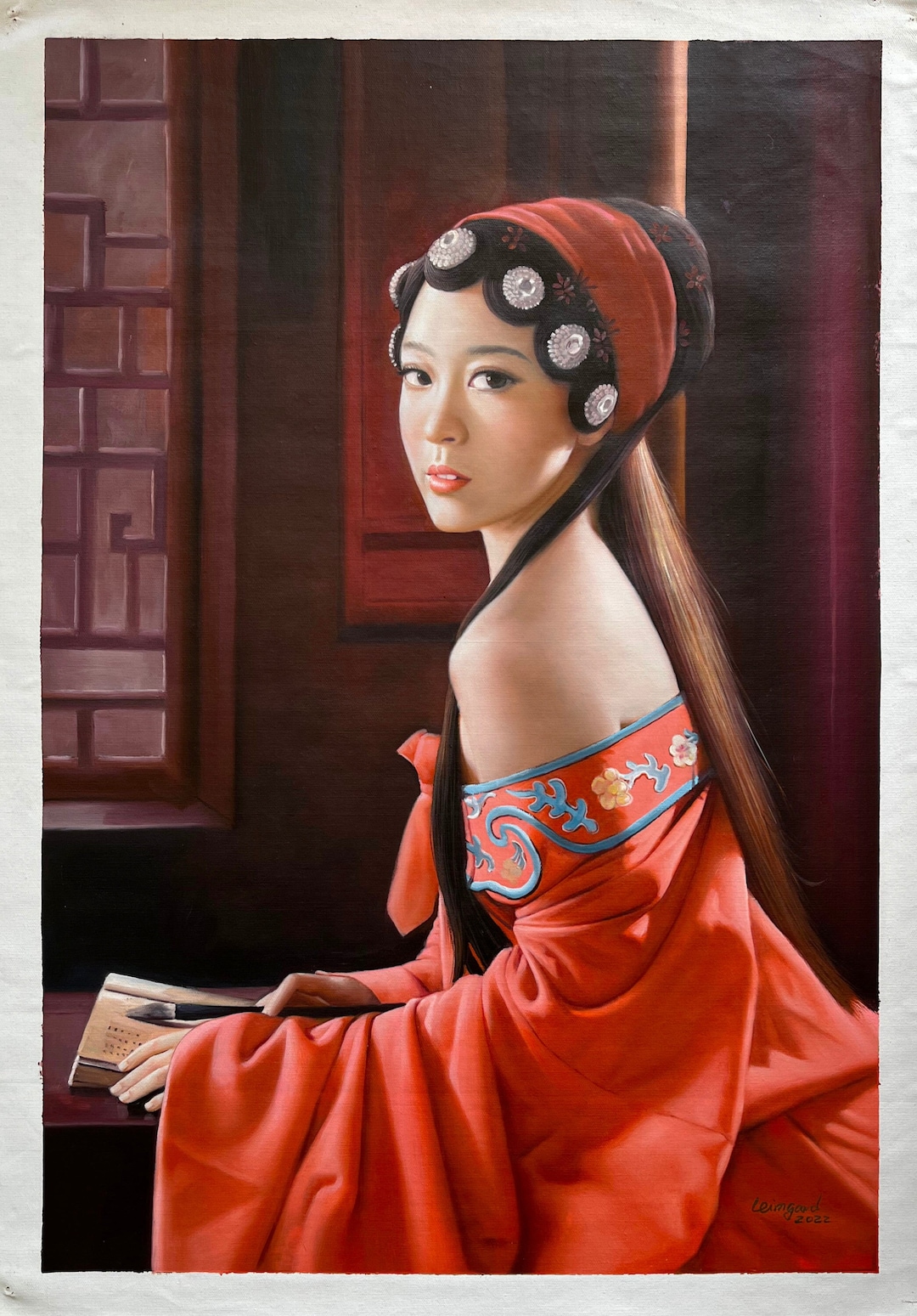 Portrait of a Young Woman in an Orange/red Dress 60 X 90 Cm ORIGINAL ...