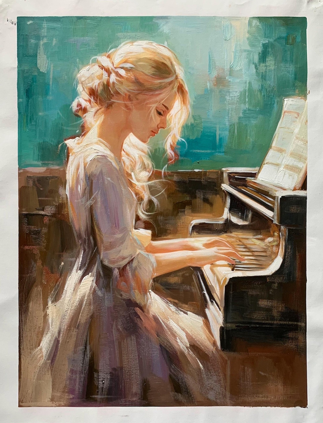 ピアノを弾く少女 60 x 80 cm ピアノを弾く女性、音楽、油彩