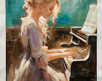 ピアノを弾く少女 60 x 80 cm ピアノを弾く女性、音楽、油彩、手描き
