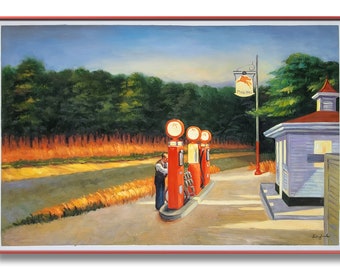 Edward Hopper - Gaz 60 x 90 cm Station-service Ravitaillement FAIT MAIN EN STOCK Huile peinte à la main sur toile DE1 wgz150