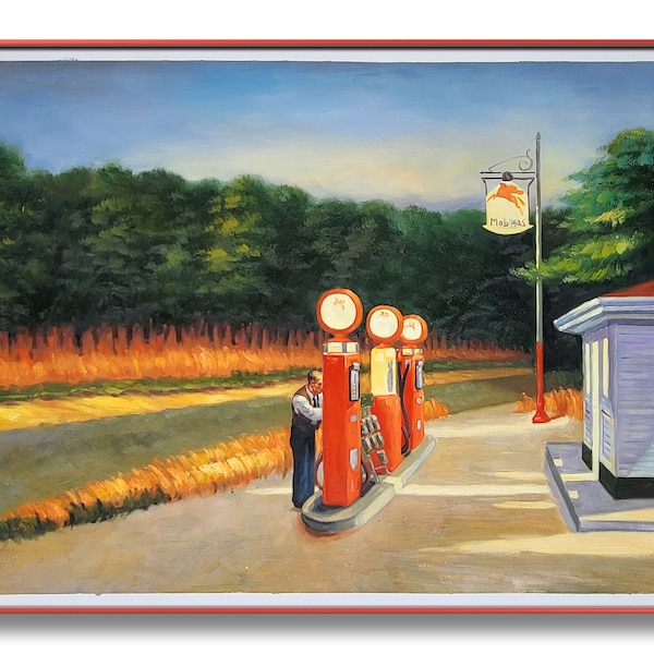 Edward Hopper - Gaz 60 x 90 cm Station-service Ravitaillement FAIT MAIN EN STOCK Huile peinte à la main sur toile DE1 wgz150