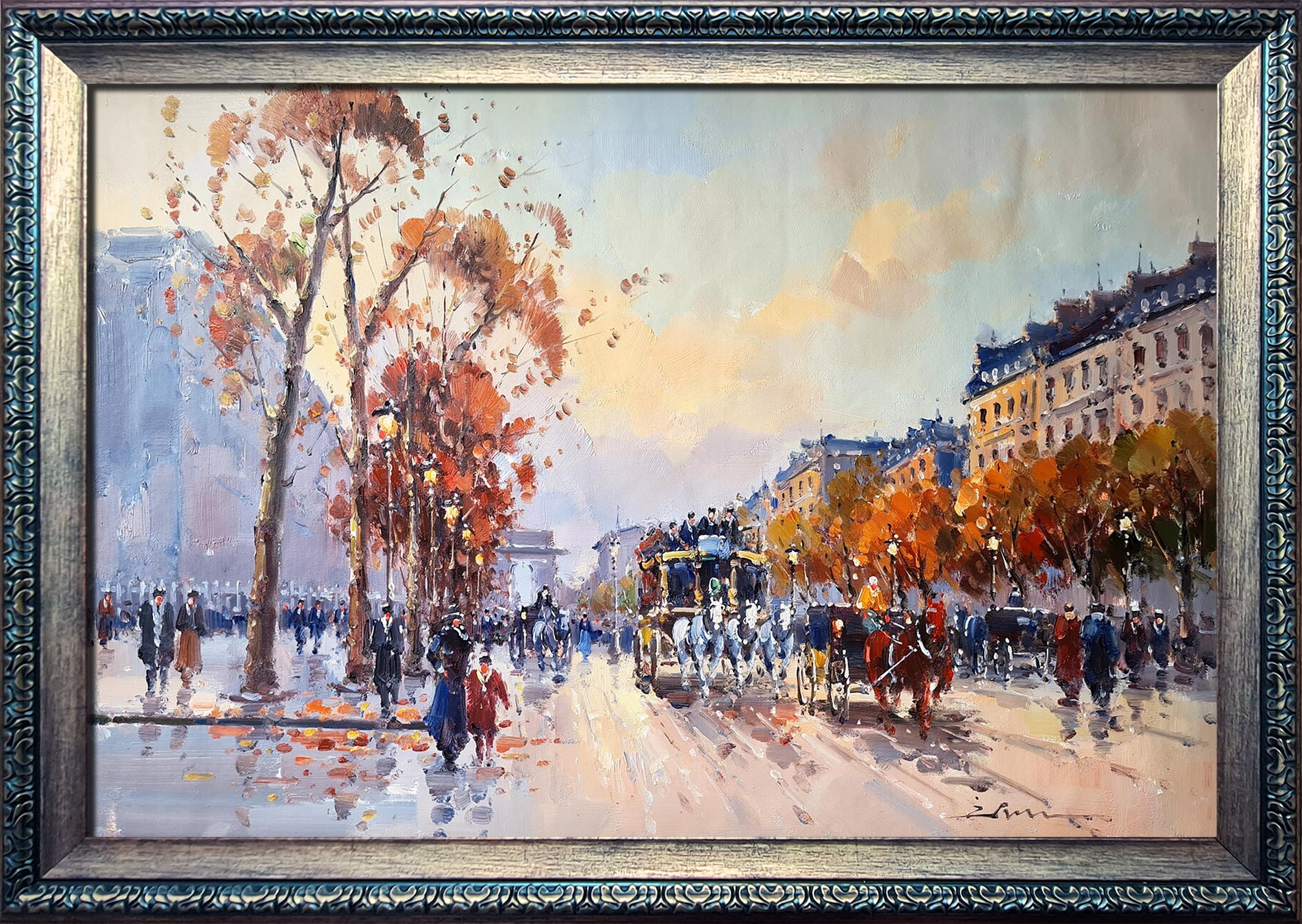 パリの街角 凱旋門 シャンゼリゼ 油彩画 油絵 アート 美術 芸術 絵画 額縁 シャンゼリゼ パリ 凱旋門 60 x 90 cm ヴィンテージ ストリート
