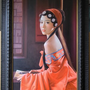 Portrait of a Young Woman in an Orange/red Dress 60 X 90 Cm ORIGINAL ...