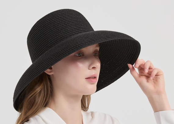 Black Wide Brim Hepburn Sraw Sun Hat, Black Straw Sun Hat  display picture 3
