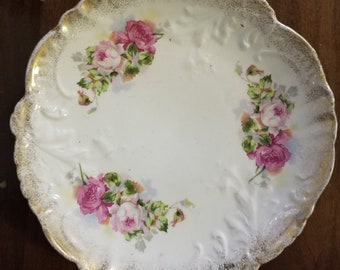 Antique Vintage Owen Minerva Gold Medal Pink Roses Lipped Plate Dish Embossed