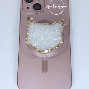 Resin Geode Cat Phone Grip: Icy White & Gold Druzy Phone Stand