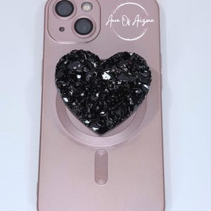 Resin Heart Phone Grip: Black & Rose Gold Faux Druzy Geode