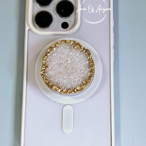 Resin Geode Phone Grip: Icy White & Gold Druzy